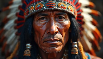 Obraz premium Native american elder wearing traditional headdress with feathers and beads. Close up portrait of an indigenous man with weathered face, looking stoically into camera.