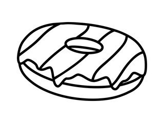 Fototapeta premium Hand drawn cute outline illustration of sweet dessert donut. Flat vector dessert line art doodle. Sweet pastry. Unhealthy eating sticker, icon. Coffee break snack. Doughnut for breakfast. Isolated.