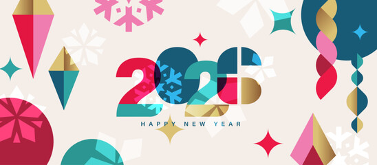 2026 Merry Christmas, Season's Greeting and Happy New Year vector illustration for greeting cards, posters, holiday cover in modern minimalist geometric style.

