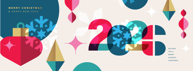 2026 Merry Christmas, Season's Greeting and Happy New Year vector illustration for greeting cards, posters, holiday cover in modern minimalist geometric style.

