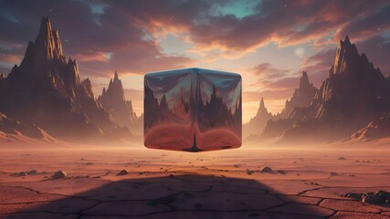 Reflective metallic cube floating in a surreal alien desert landscape at sunset.