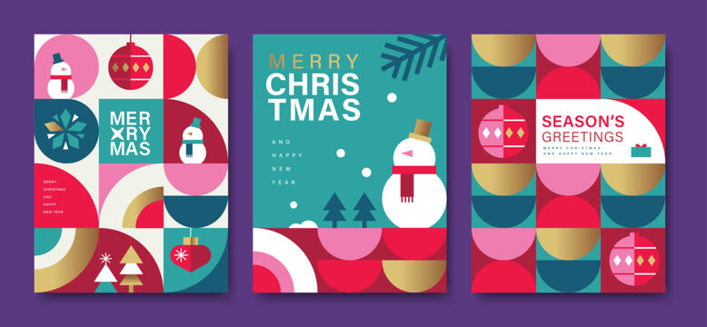 Set of Merry Christmas and Happy New Year vector illustration for greeting cards, posters, holiday covers in modern minimalist geometric style.
