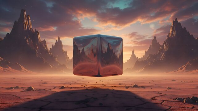 Reflective metallic cube floating in a surreal alien desert landscape at sunset. - Powered by Adobe