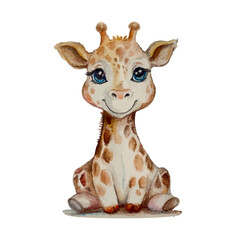 Vector watercolor illustration of a baby giraffe sitting and smiling, with big blue eyes isolated on white background. Perfect kids' room design, children's prints, and cartoon animal projects.