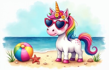 Cheerful unicorn wearing heart shaped sunglasses and flower crown stands on sandy beach. Its rainbow mane and tail flow in breeze by blue ocean water. Colorful beach ball and starfish sit nearby.