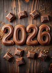 Sweet chocolate 2026 new year concept on rustic wooden table background