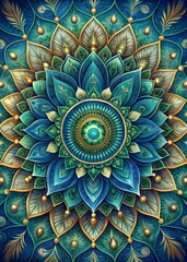 Intricate mandala design with blue, green, and gold colors for meditation