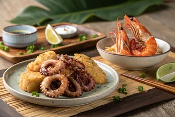 Fri octopus, squid, prawn, carb on wooden table