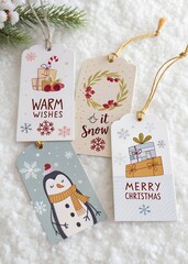 Four christmas gift tags with warm wishes isolated on white background
