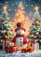 Festive snowman with christmas trees and gifts in a snowy winter scene