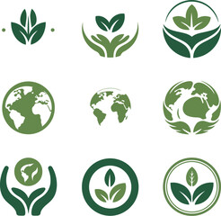 A collection of green logos symbolizing nature, growth, and environmental care.