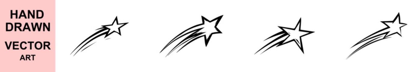 Hand drawn shooting star vector illustration with dynamic lines, minimalist black and white sketch style, celestial motion concept, creative abstract comet star artwork design