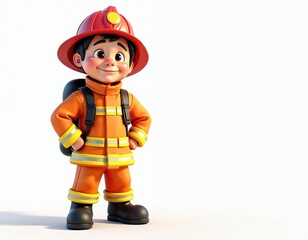 Cute cartoon boy wears bright orange firefighter uniform, red helmet. Young fireman stands smiling, hands on hips, looking brave. Kid character in safety gear ready for rescue mission. Friendly hero