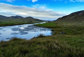 mountain landscape with lake and mountains