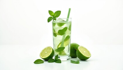 Mojito cocktail photo with lime mint ice cubes isolated on white background. Refreshing cold summer drink with alcohol. Popular bar beverage party element.