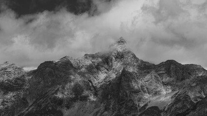 peak of Schoenfeldspitze with clouds, Steinernes Meer mountain range, black-and-white, Salzburger Land, Austria