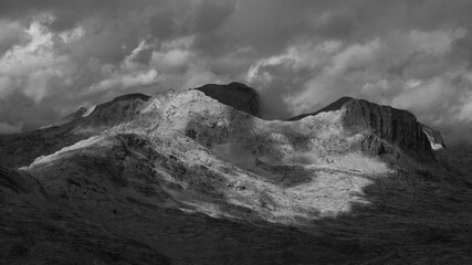 peak of Funtenseetauern with clouds, Steinernes Meer mountain range, monochrome, Salzburger Land, Austria