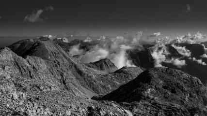 view from peak of Brandhorn towards the Tennengebirge or Tennen mountains  mountain range, monochrome, Salzburger Land, Austria