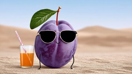 Cartoonish purple plum character wearing sunglasses, standing on sandy desert background next to a glass of orange juice with straw, embodying a fun and playful summer vibe