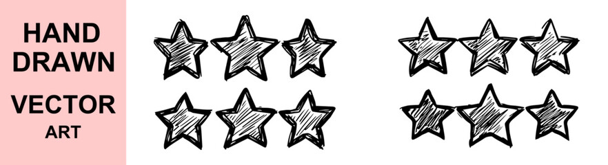 Hand drawn sketch star vector set, doodle rating stars, black and white outlined illustration, textured vintage ink, handmade grunge design for creative projects