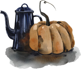 Hand-drawn illustration of teapot and pumpkin