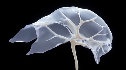 Transparent anatomical model resembling a human organ, showcasing intricate internal structures and textures, illuminated against a dark background, emphasizing the beauty of biological forms and scie