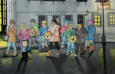 It is Saint Martins Day. In the evening, children walk through the city carrying lanterns they have made themselves. Hand drawn watercolor on paper.