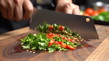 Chef skillfully chopping fresh herbs and chili peppers on a wooden cutting board in a kitchen - Powered by Adobe