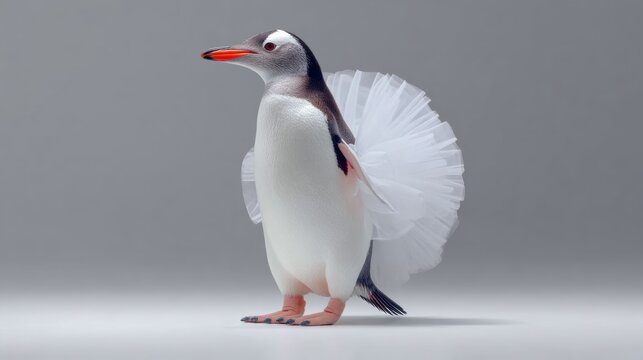 Penguin dressed in a whimsical white tutu stands gracefully against a soft gray background, showcasing a playful and imaginative concept that blends nature with artistic expression and humor