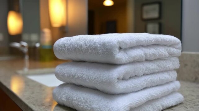 Four white towels stacked on a speckled countertop in a subtly lit bathroom setting