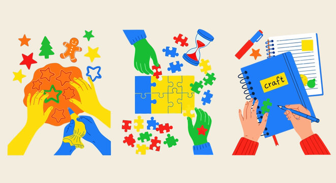 Set of flat vector illustrations showing hands engaged in creative hobbies like baking, puzzle solving, and scrapbooking
