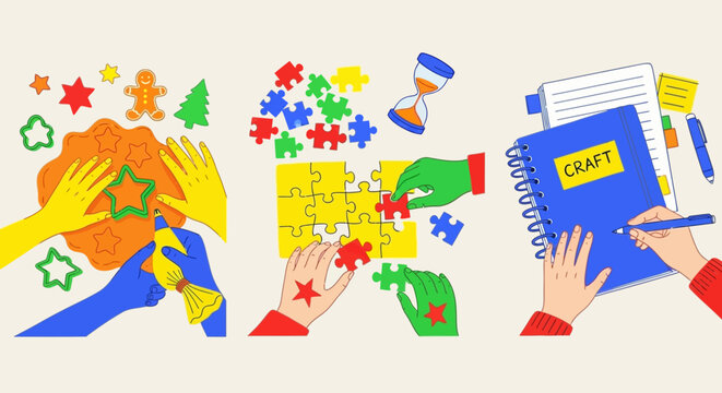 A colorful collection of illustrations depicting various creative hobbies and hands-on activities like baking, solving puzzles, and crafting
