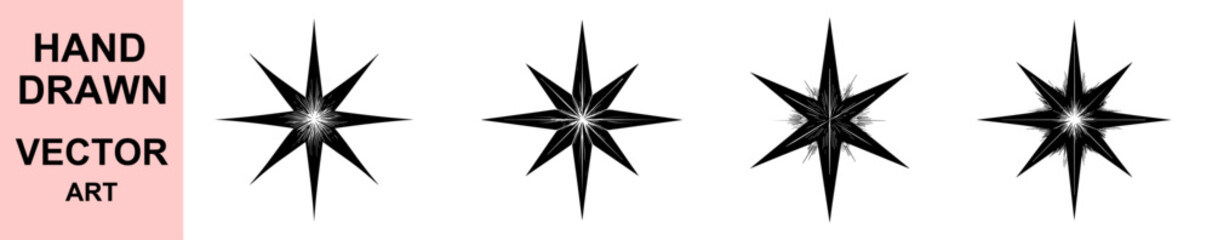 Hand drawn compass star vector illustration, vintage wind rose sketch design, nautical navigation symbol, black and white compass rose artwork, maritime directional graphic art