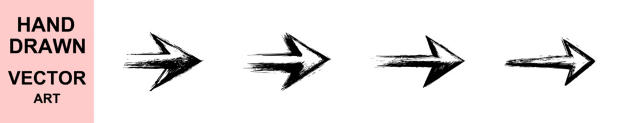 Hand drawn brush arrow vector illustration, grunge style directional arrow set, black ink sketch arrows collection, abstract paint stroke right pointing design elements