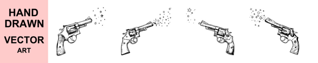Hand drawn revolver gun with stars vector illustration, vintage firearm sketch art, magical shooting star weapon design, black and white fantasy pistol artwork