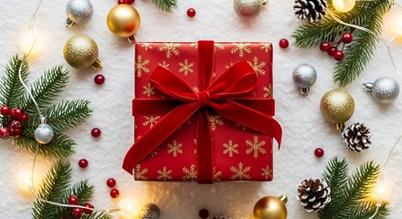 A beautifully wrapped Christmas gift sits center surrounded by festive decorations.