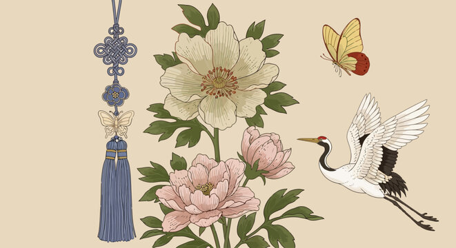 Elegant vintage-style illustration of traditional Korean symbols featuring a crane, peony flowers, and a norigae tassel