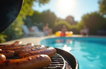 Sizzling sausages cook on hot barbecue grill, smoke rises. People relax by refreshing swimming pool on bright sunny summer day. Family, friends enjoy backyard party with delicious food. Fun outdoor