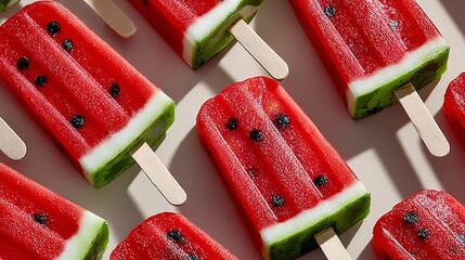 Colorful watermelon popsicles arranged in a playful pattern on a light background, showcasing vibrant red and green hues, with wooden sticks adding a rustic touch to this refreshing summer treat