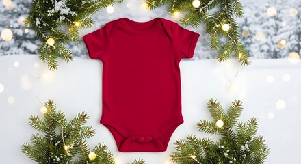 A plain red baby onesie is surrounded by festive Christmas greenery and twinkling lights.