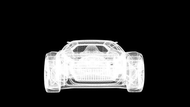 Futuristic Concept Car in Wireframe, 3D CAD Automotive Design, Prototype Vehicle Engineering, Digital Blueprint, Interior and Exterior Visualization, Mechanical Systems Animation, High Tech Vehicle Mo