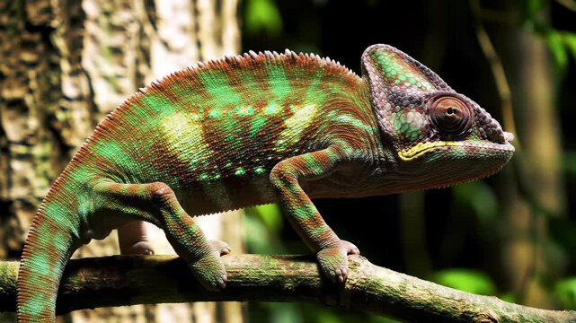 Self-conscious Veiled Chameleon reptile subtly adapting vibrant camouflage on a jungle tree branch, blending in nature's artistry.