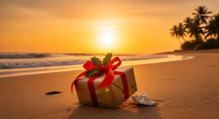 A Christmas gift is placed on a tropical beach at sunset with palm trees.