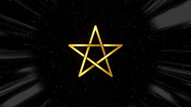 Animation of Gold Pentacle symbol, golden mystical pentagram, special effect magic esoteric pulsating star, video seamless loop, black tunnel and starry galaxy background