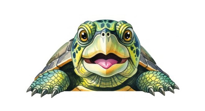 Close up watercolor illustration of a happy sea turtle peeking over a surface animal