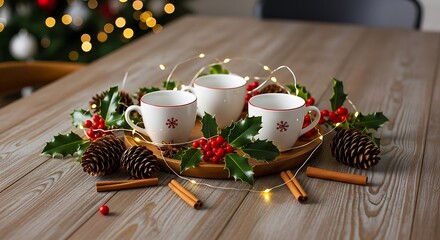 Three cups sit on a festive holiday table with Christmas decorations.