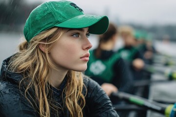 Young Female Coxswain Leading Rowing Team in Overcast Conditions