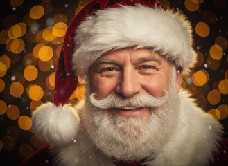 Joyful Santa Claus Portrait with Golden Bokeh