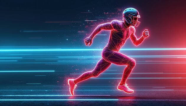 Futuristic football player in motion. Dynamic glowing lines create speed effect. Athlete runs forward on dark background with red and blue neon glow. Sport and tech concept.