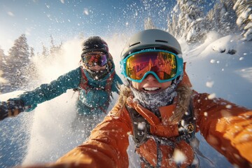 Two Friends Skiing Down Snowy Slope in Vibrant Winter Adventure Selfie